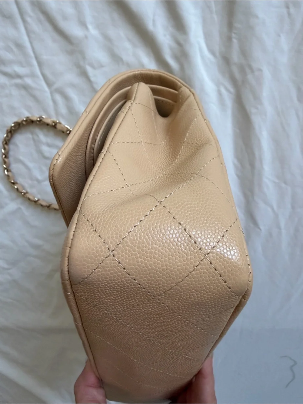 CHANEL Beige Quilted Medium Double Flap Bag with Gold Hardware